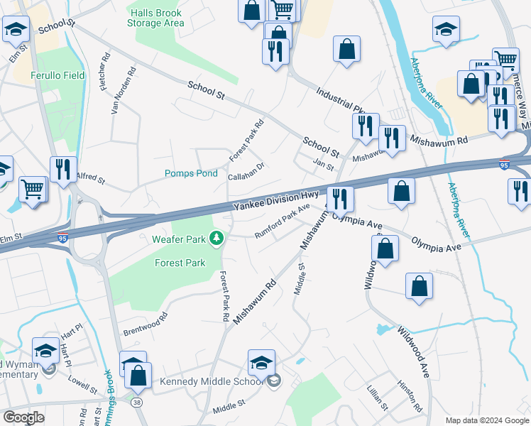 map of restaurants, bars, coffee shops, grocery stores, and more near 99 Thomas Street in Woburn