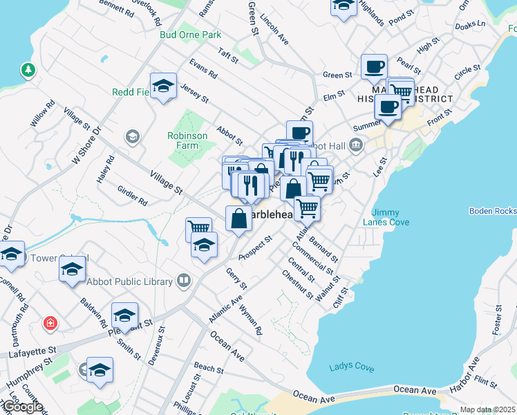 map of restaurants, bars, coffee shops, grocery stores, and more near 145 Pleasant Street in Marblehead