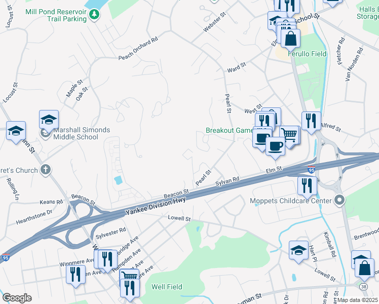 map of restaurants, bars, coffee shops, grocery stores, and more near 8 Kimball Court in Burlington
