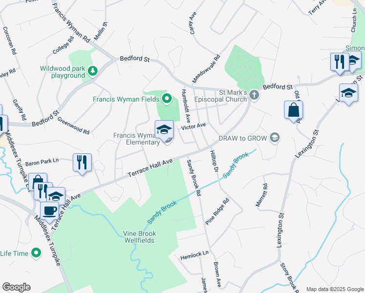 map of restaurants, bars, coffee shops, grocery stores, and more near 6 Polk Street in Burlington