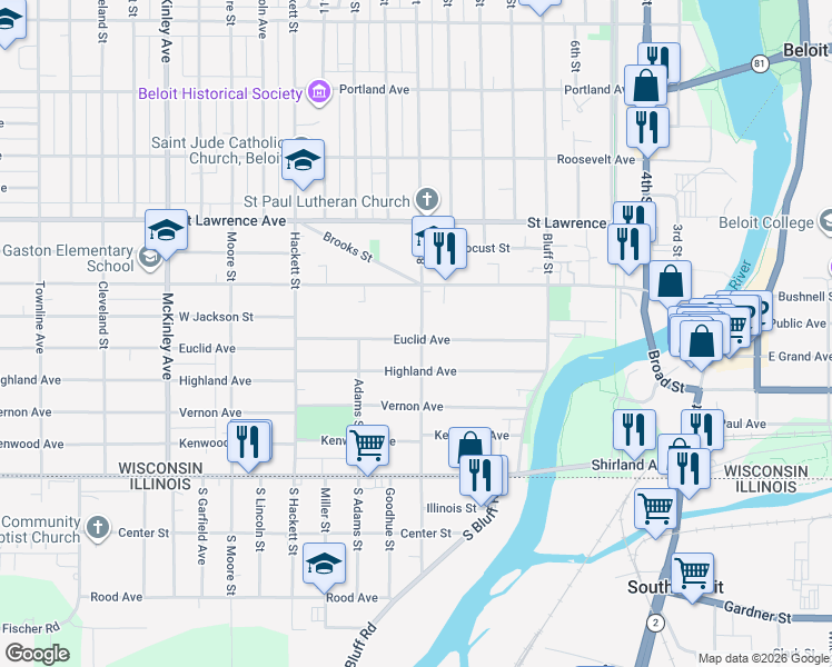 map of restaurants, bars, coffee shops, grocery stores, and more near 718 West Grand Avenue in Beloit