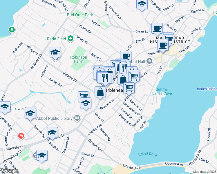 map of restaurants, bars, coffee shops, grocery stores, and more near 145 Pleasant Street in Marblehead