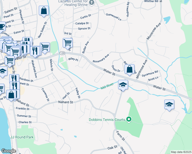 map of restaurants, bars, coffee shops, grocery stores, and more near 359 Water Street in Wakefield