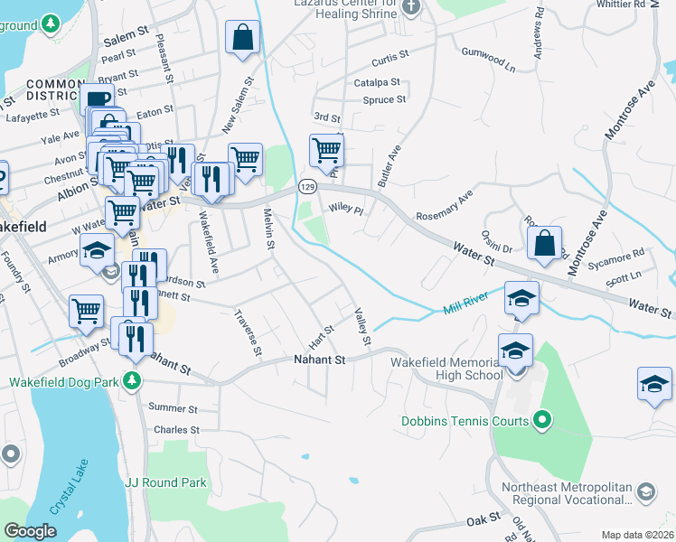 map of restaurants, bars, coffee shops, grocery stores, and more near 105 Valley Street in Wakefield