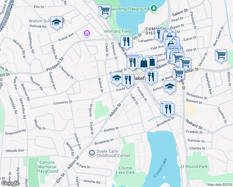 map of restaurants, bars, coffee shops, grocery stores, and more near 66 Cedar Street in Wakefield