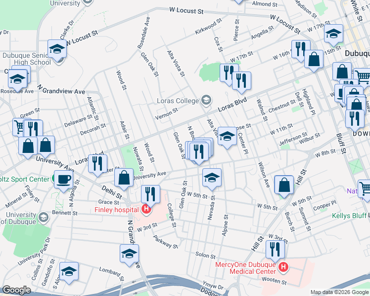 map of restaurants, bars, coffee shops, grocery stores, and more near 1225 N Booth St in Dubuque