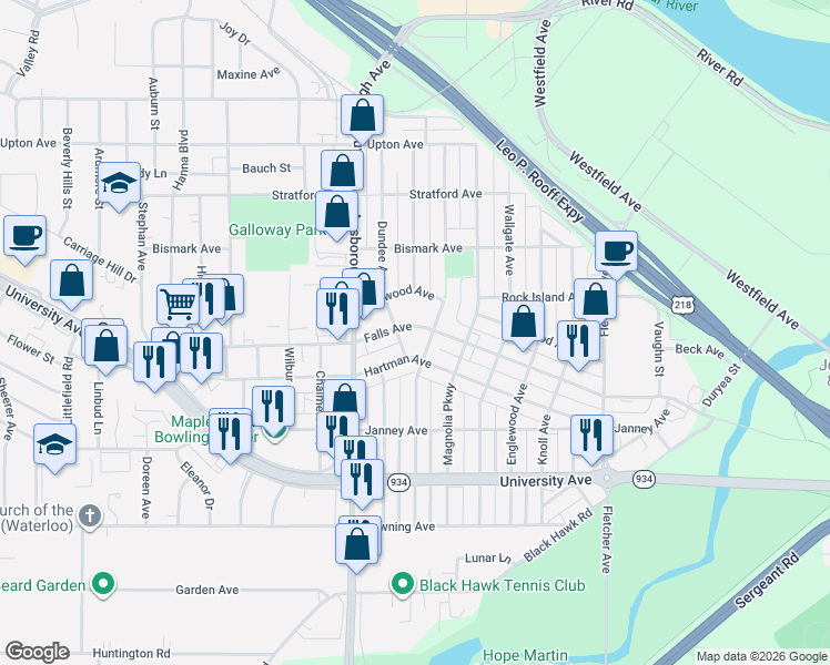 map of restaurants, bars, coffee shops, grocery stores, and more near 2220 Falls Ave in Waterloo
