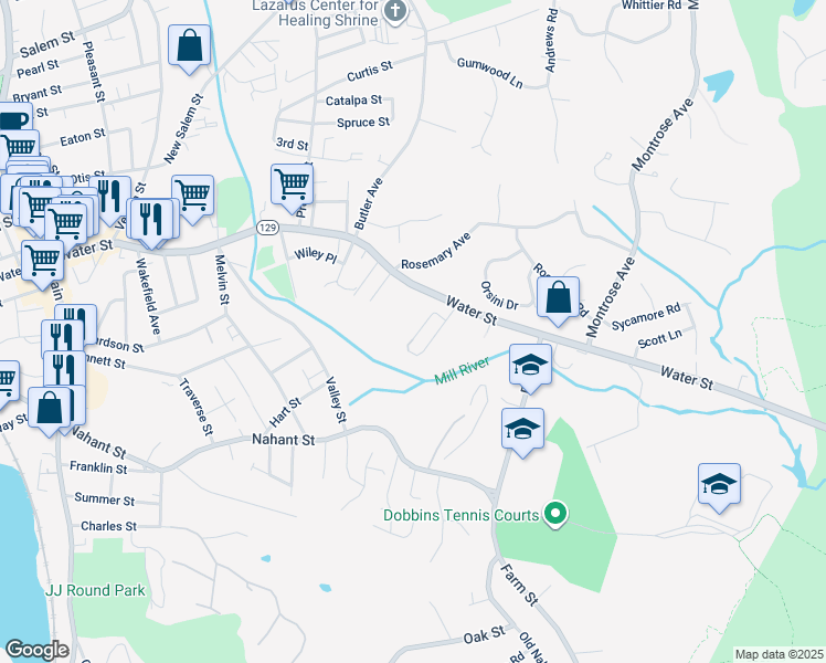 map of restaurants, bars, coffee shops, grocery stores, and more near 1 Millbrook Lane in Wakefield