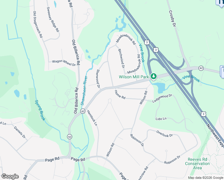 map of restaurants, bars, coffee shops, grocery stores, and more near 1 Meadowbrook Road in Bedford