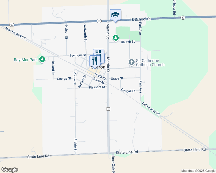 map of restaurants, bars, coffee shops, grocery stores, and more near Martin Street in Sharon