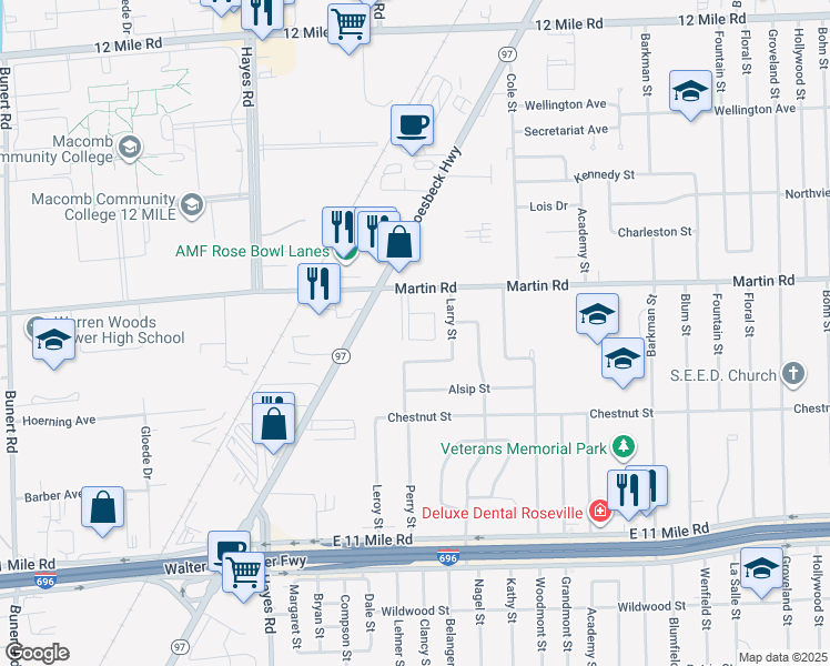 map of restaurants, bars, coffee shops, grocery stores, and more near 15724 Orchard Lane in Roseville