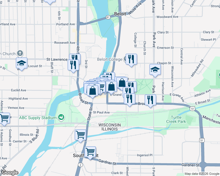 map of restaurants, bars, coffee shops, grocery stores, and more near 500 Public Avenue in Beloit