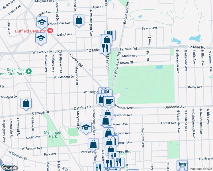 map of restaurants, bars, coffee shops, grocery stores, and more near 1317 North Main Street in Royal Oak