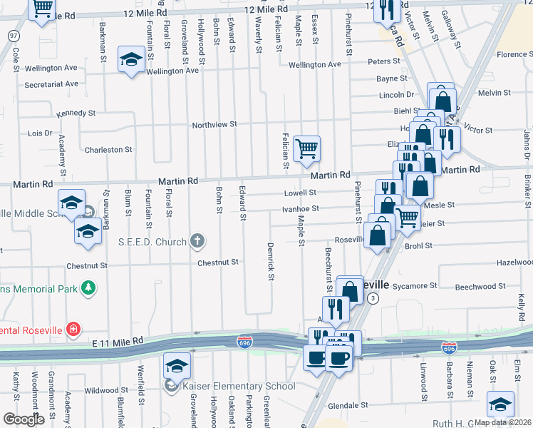 map of restaurants, bars, coffee shops, grocery stores, and more near 17322 Lowell Street in Roseville
