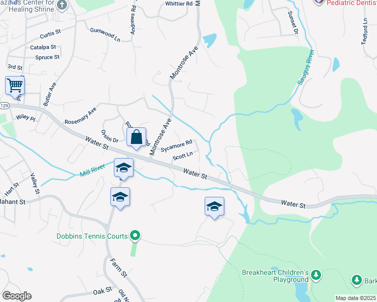 map of restaurants, bars, coffee shops, grocery stores, and more near 30 Sycamore Road in Wakefield