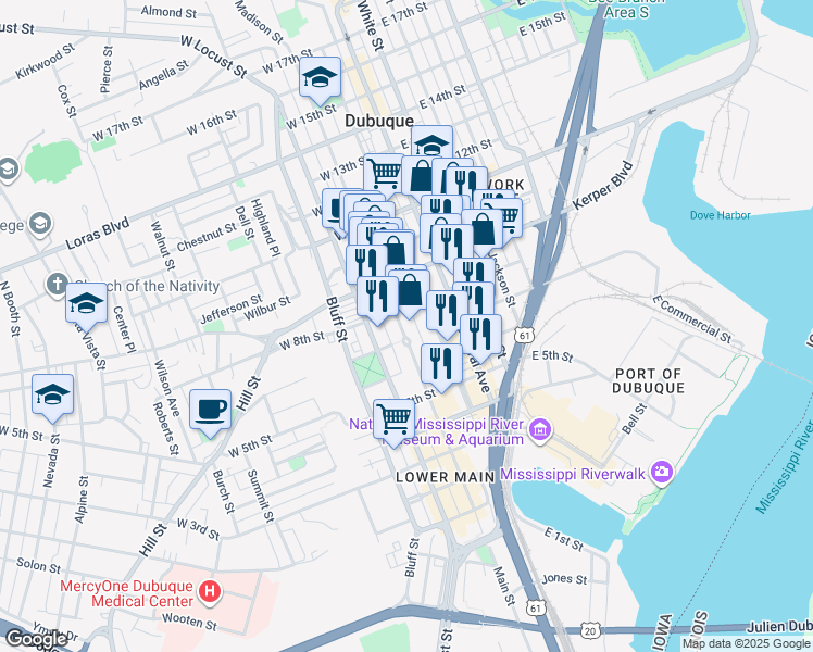 map of restaurants, bars, coffee shops, grocery stores, and more near in Dubuque