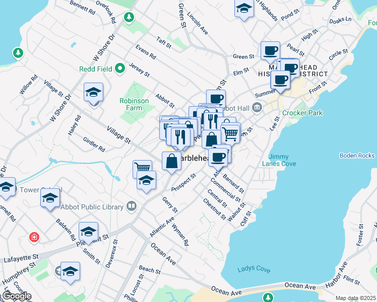 map of restaurants, bars, coffee shops, grocery stores, and more near 145 Pleasant Street in Marblehead