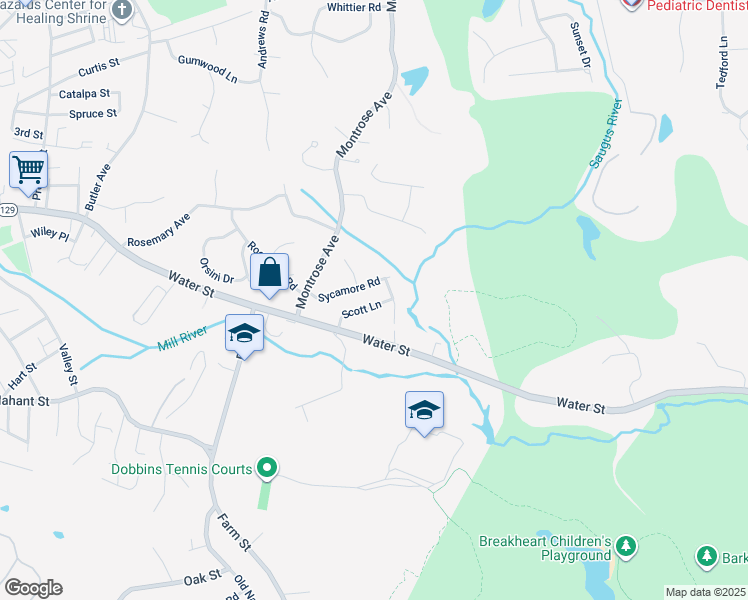 map of restaurants, bars, coffee shops, grocery stores, and more near 30 Sycamore Road in Wakefield