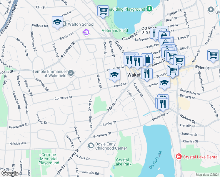 map of restaurants, bars, coffee shops, grocery stores, and more near 66 Cedar Street in Wakefield