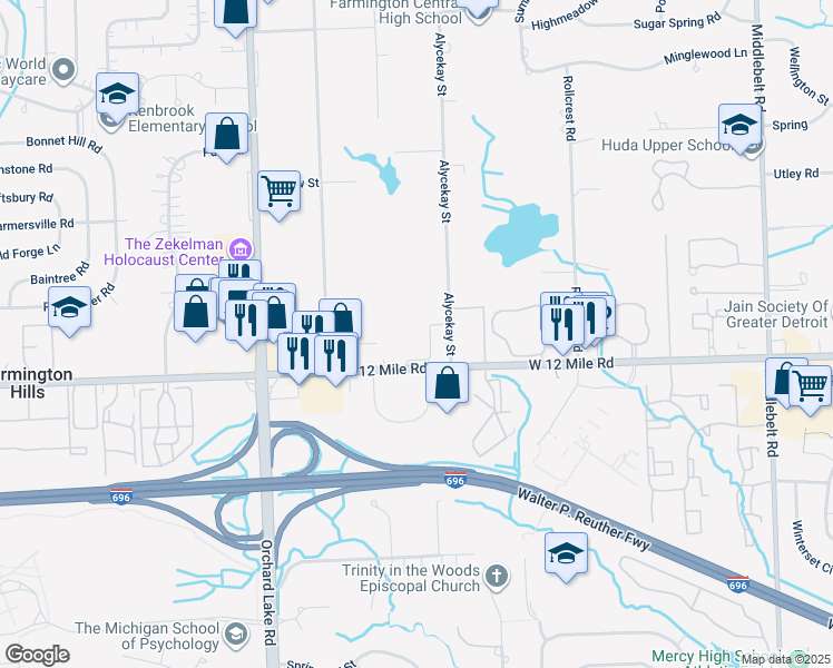 map of restaurants, bars, coffee shops, grocery stores, and more near 27945 Alycekay Street in Farmington Hills