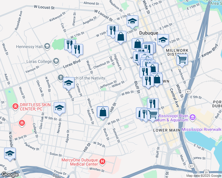 map of restaurants, bars, coffee shops, grocery stores, and more near 619 Jefferson Street in Dubuque