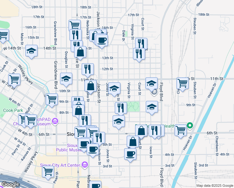 map of restaurants, bars, coffee shops, grocery stores, and more near 906 10th Street in Sioux City