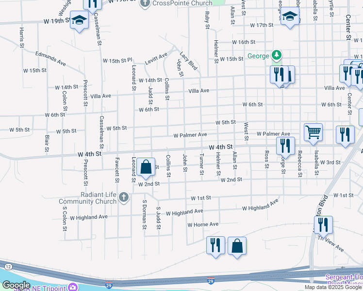 map of restaurants, bars, coffee shops, grocery stores, and more near 2100-2198 W Palmer Ave in Sioux City