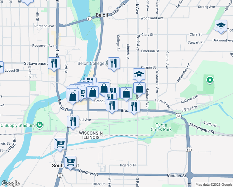 map of restaurants, bars, coffee shops, grocery stores, and more near 424 College Street in Beloit
