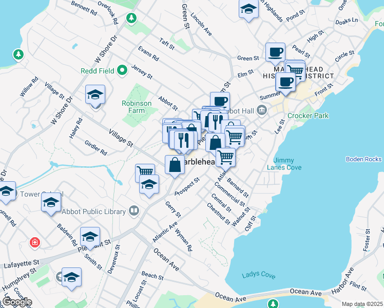 map of restaurants, bars, coffee shops, grocery stores, and more near 145 Pleasant Street in Marblehead