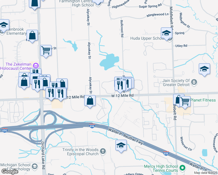 map of restaurants, bars, coffee shops, grocery stores, and more near 30028 West 12 Mile Road in Farmington Hills