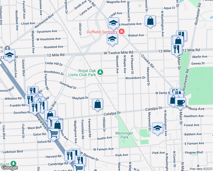 map of restaurants, bars, coffee shops, grocery stores, and more near 1002 Greenleaf Drive in Royal Oak