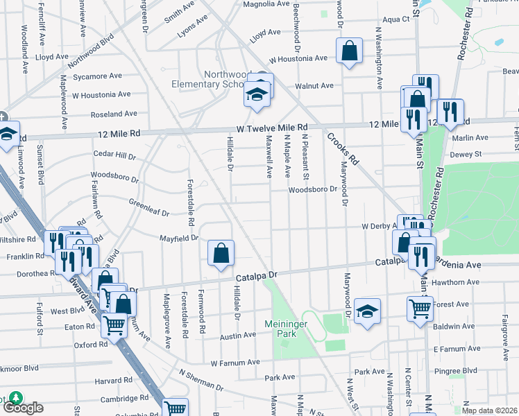 map of restaurants, bars, coffee shops, grocery stores, and more near 1002 Greenleaf Drive in Royal Oak