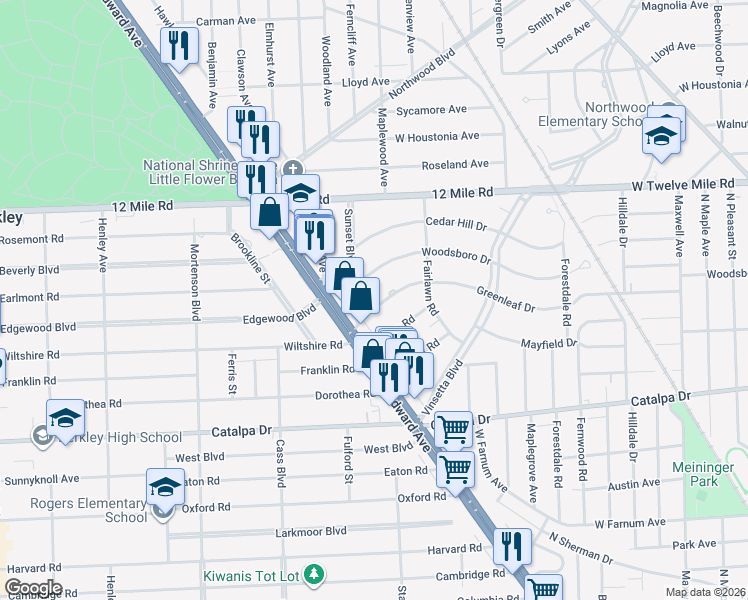 map of restaurants, bars, coffee shops, grocery stores, and more near 1929 Woodsboro Drive in Royal Oak