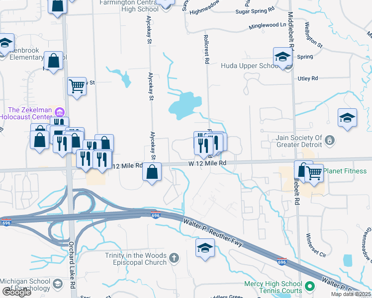 map of restaurants, bars, coffee shops, grocery stores, and more near 30052 Twelth Estate in Farmington Hills