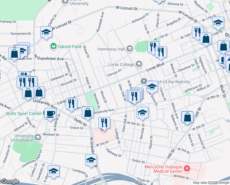 map of restaurants, bars, coffee shops, grocery stores, and more near 1296 Mount Pleasant Street in Dubuque