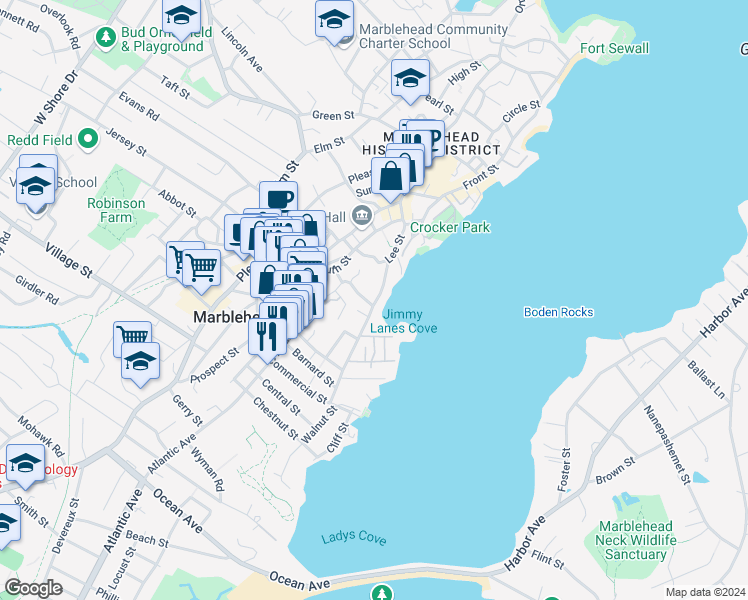 map of restaurants, bars, coffee shops, grocery stores, and more near 52 Waldron Street in Marblehead