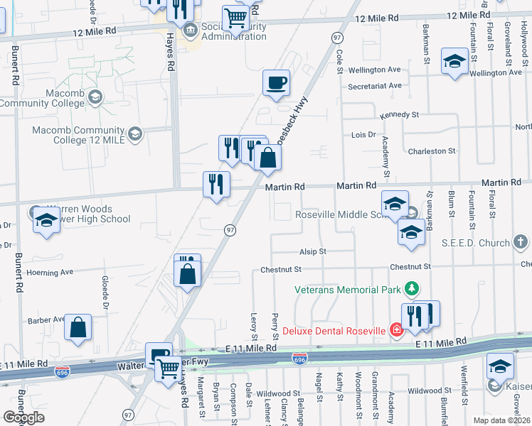 map of restaurants, bars, coffee shops, grocery stores, and more near 27753 Carini Villa Street in Roseville
