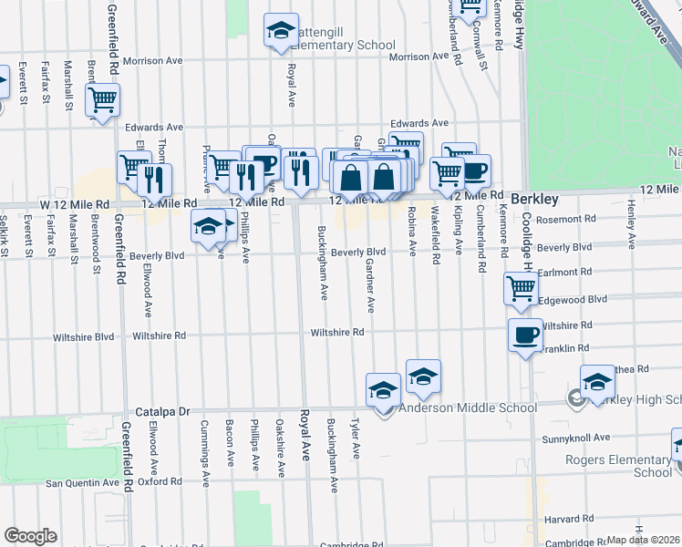 map of restaurants, bars, coffee shops, grocery stores, and more near 3186 Buckingham Avenue in Berkley