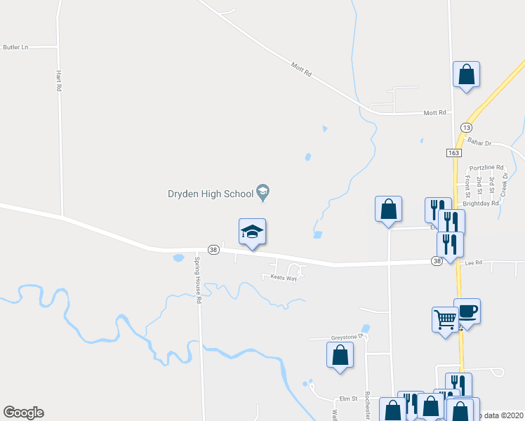 map of restaurants, bars, coffee shops, grocery stores, and more near 118 Freeville Road in Dryden