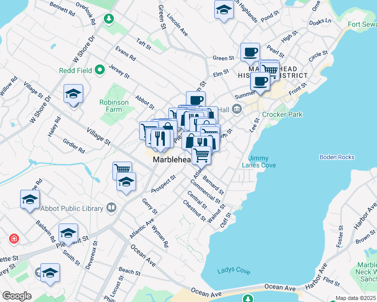 map of restaurants, bars, coffee shops, grocery stores, and more near 1 Pleasant Lane in Marblehead