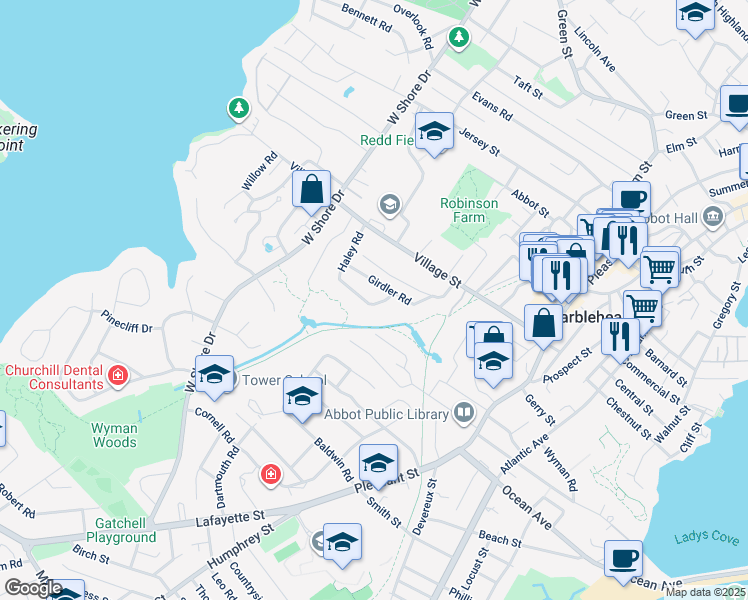 map of restaurants, bars, coffee shops, grocery stores, and more near 7 Girdler Road in Marblehead
