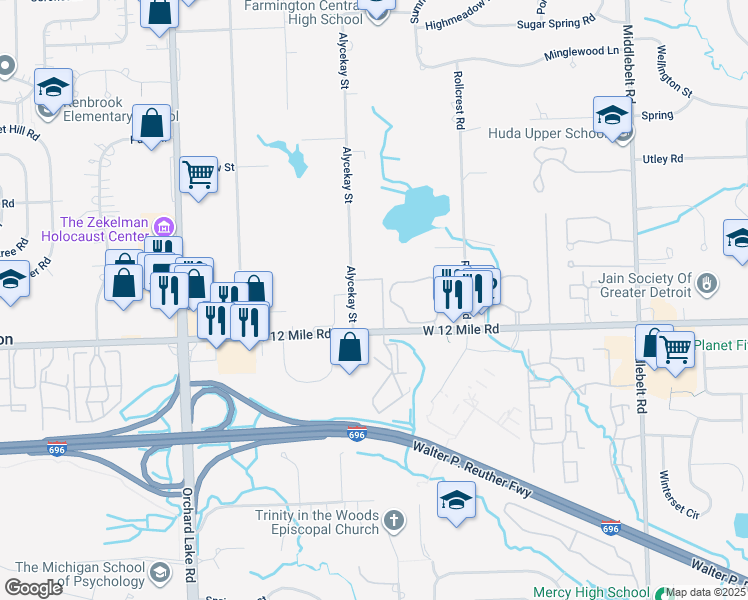map of restaurants, bars, coffee shops, grocery stores, and more near 30300 Twelve Mile Road in Farmington Hills