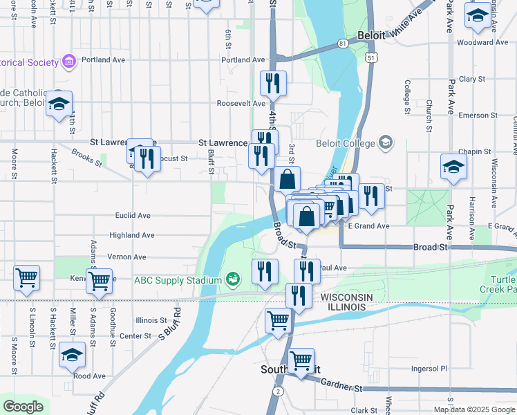 map of restaurants, bars, coffee shops, grocery stores, and more near 200 West Grand Avenue in Beloit