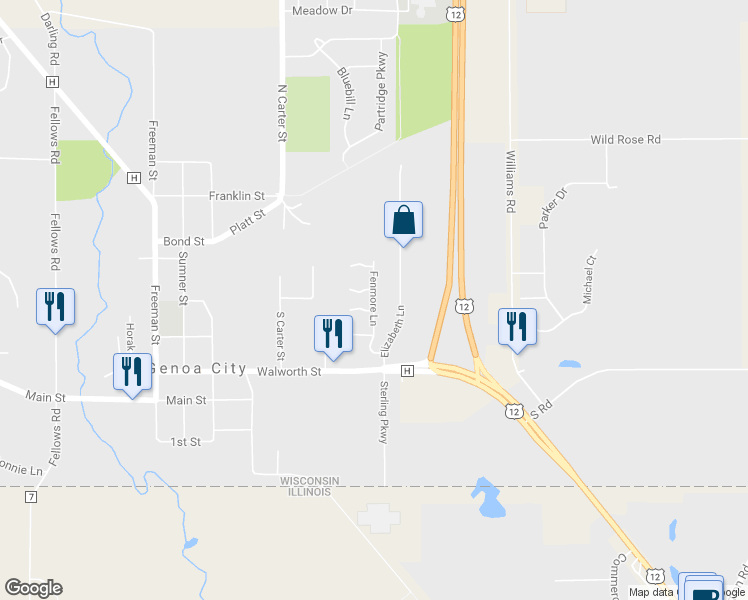 map of restaurants, bars, coffee shops, grocery stores, and more near 386 Fenmore Lane in Genoa City