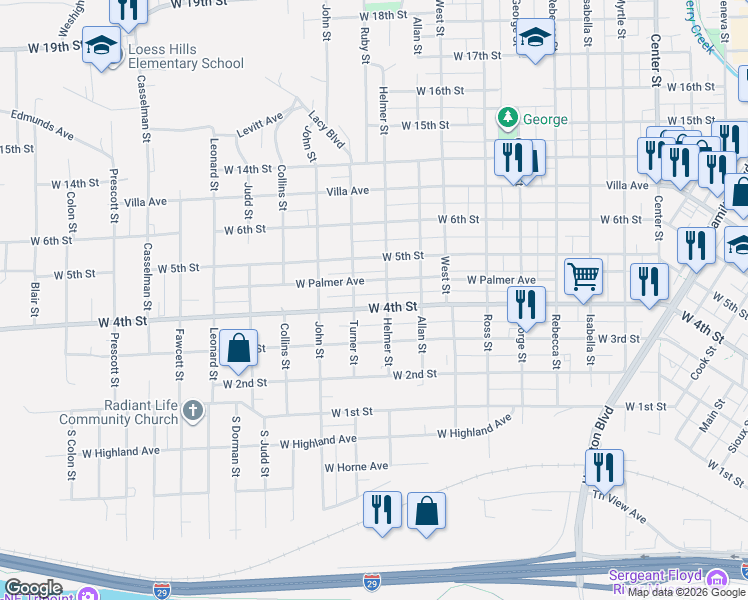 map of restaurants, bars, coffee shops, grocery stores, and more near 1900-1998 West Palmer Avenue in Sioux City