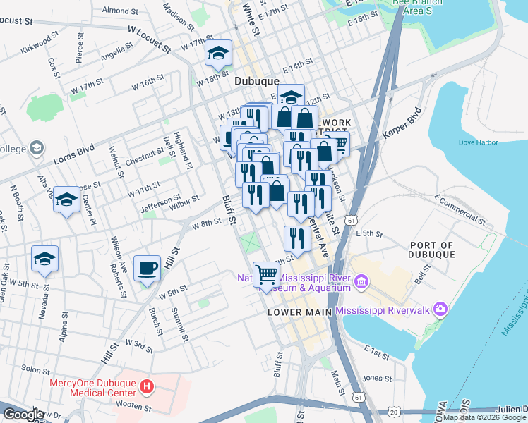map of restaurants, bars, coffee shops, grocery stores, and more near 890 Main Street in Dubuque