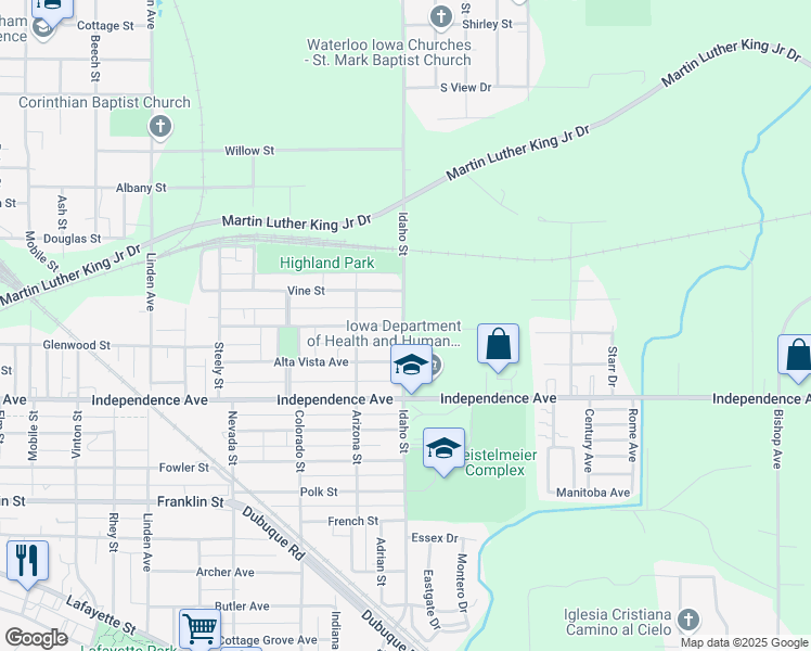 map of restaurants, bars, coffee shops, grocery stores, and more near 1301 Prospect Avenue in Waterloo