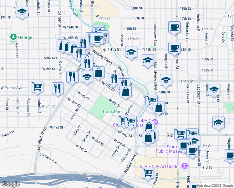 map of restaurants, bars, coffee shops, grocery stores, and more near 500-598 W 7th St in Sioux City