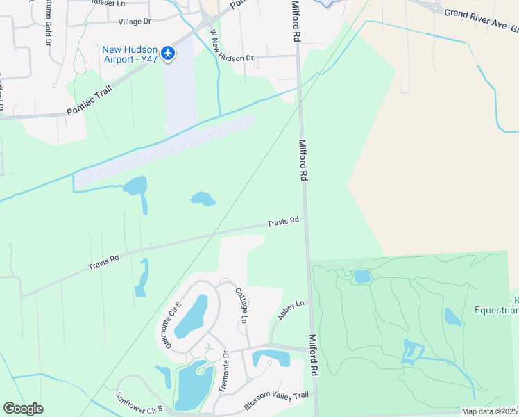 map of restaurants, bars, coffee shops, grocery stores, and more near Huron Valley Trail in Lyon charter Township