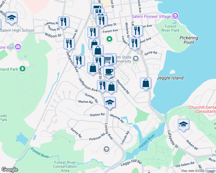 map of restaurants, bars, coffee shops, grocery stores, and more near 71 Loring Avenue in Salem